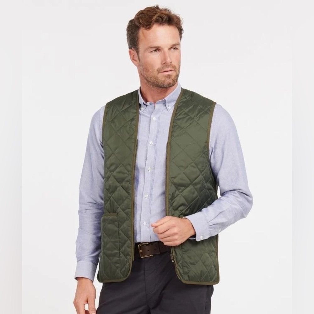 Barbour Quilted Waistcoat Zip-In Liner Vest Olive Green Sz 40 or Med
